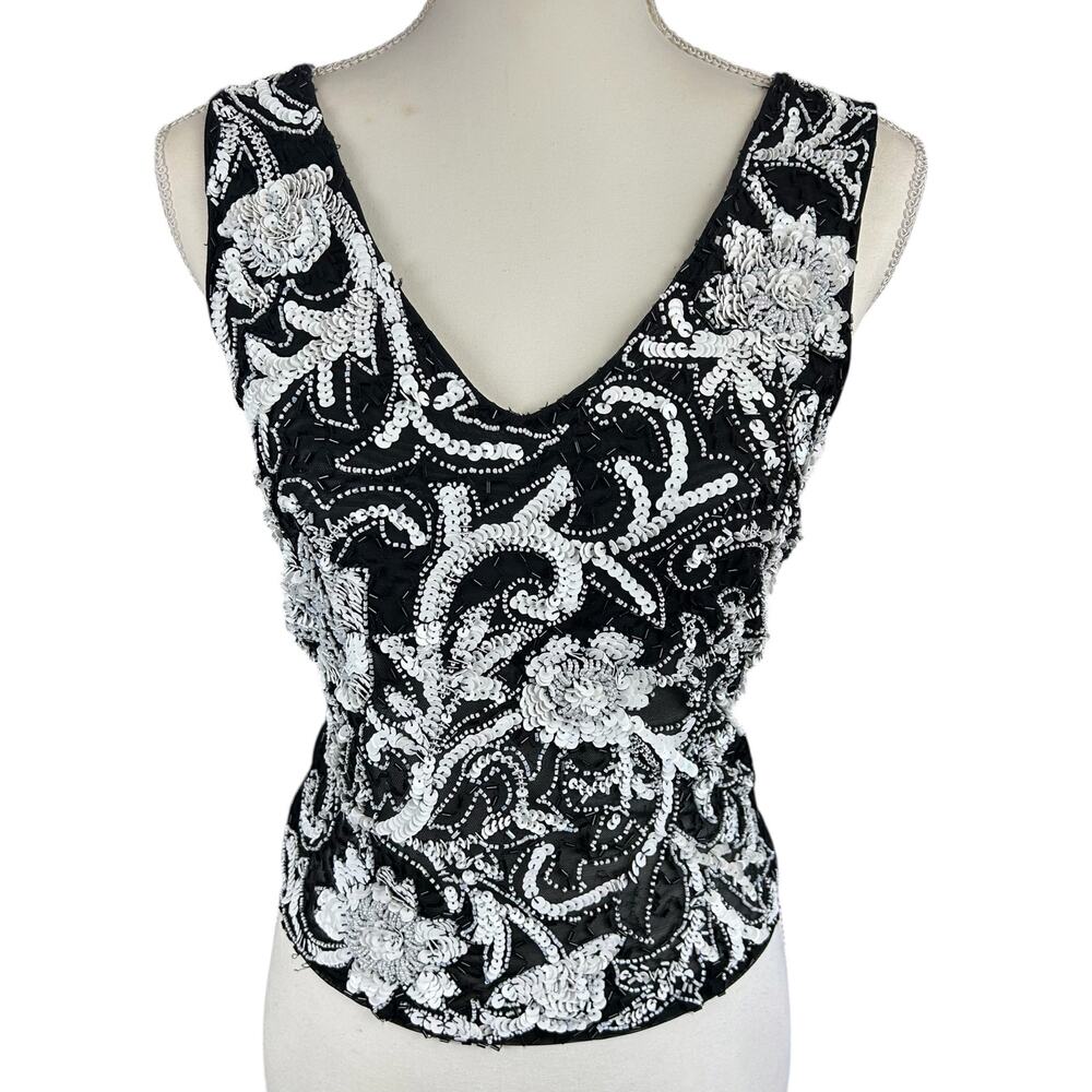 Cache Vintage Beaded Floral Top Women Sz S Black & White Sequin Embellished Glam